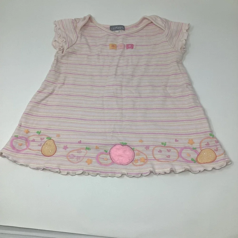 Carter's Baby Girl Dress 12M Pink Striped Cotton Cap Sleeve Ruffle‎ Hem